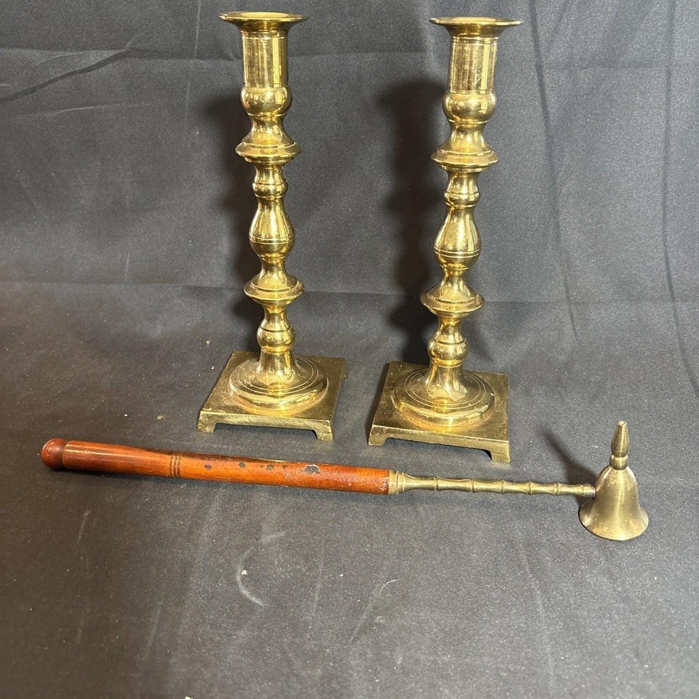 Vintage Pair Solid Brass Large Candle Stick Holders 9.5 " tall & Snuffer